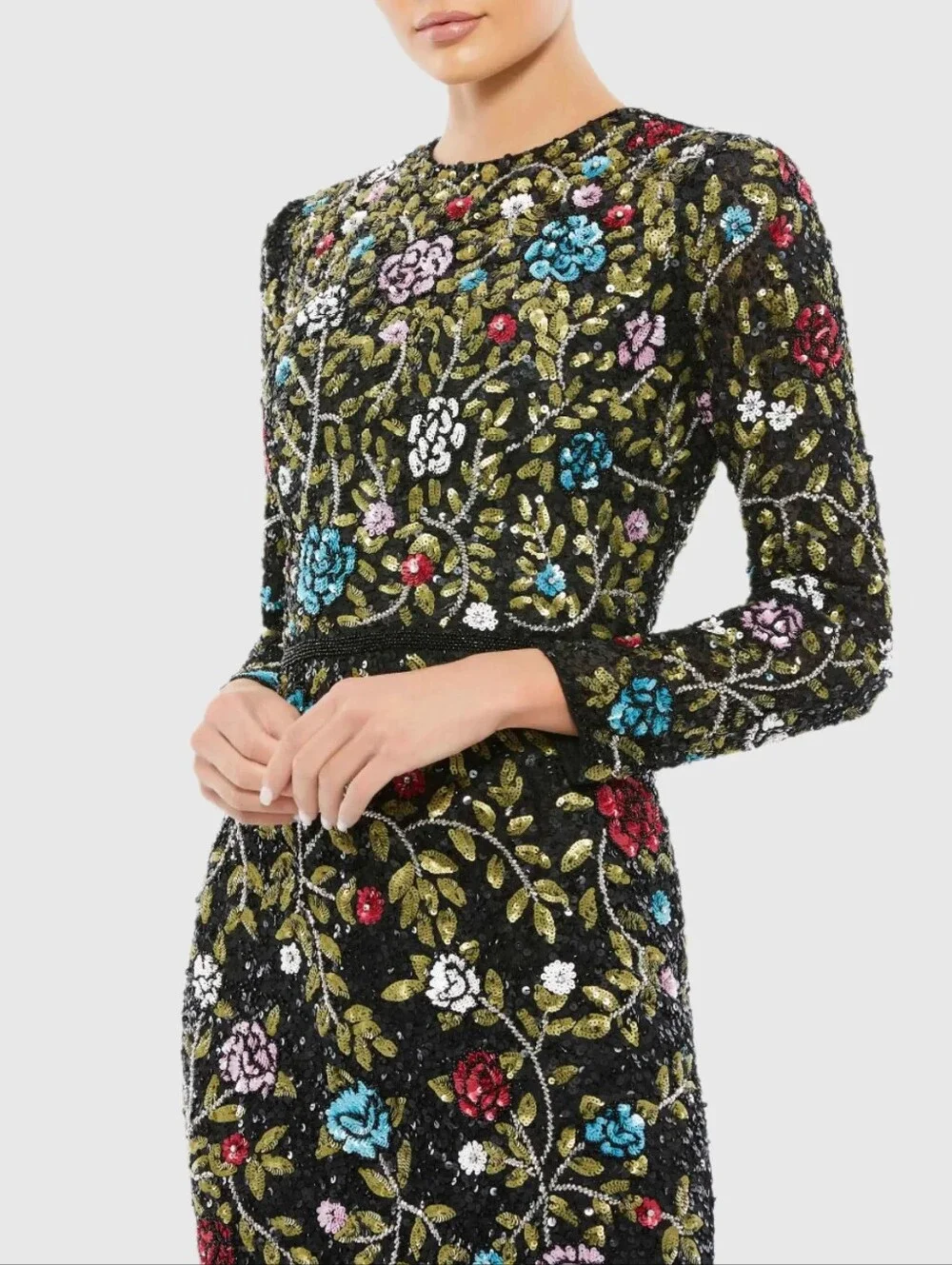 Mac Duggal Black Floral Embroidered Long-Sleeve Evening Gown